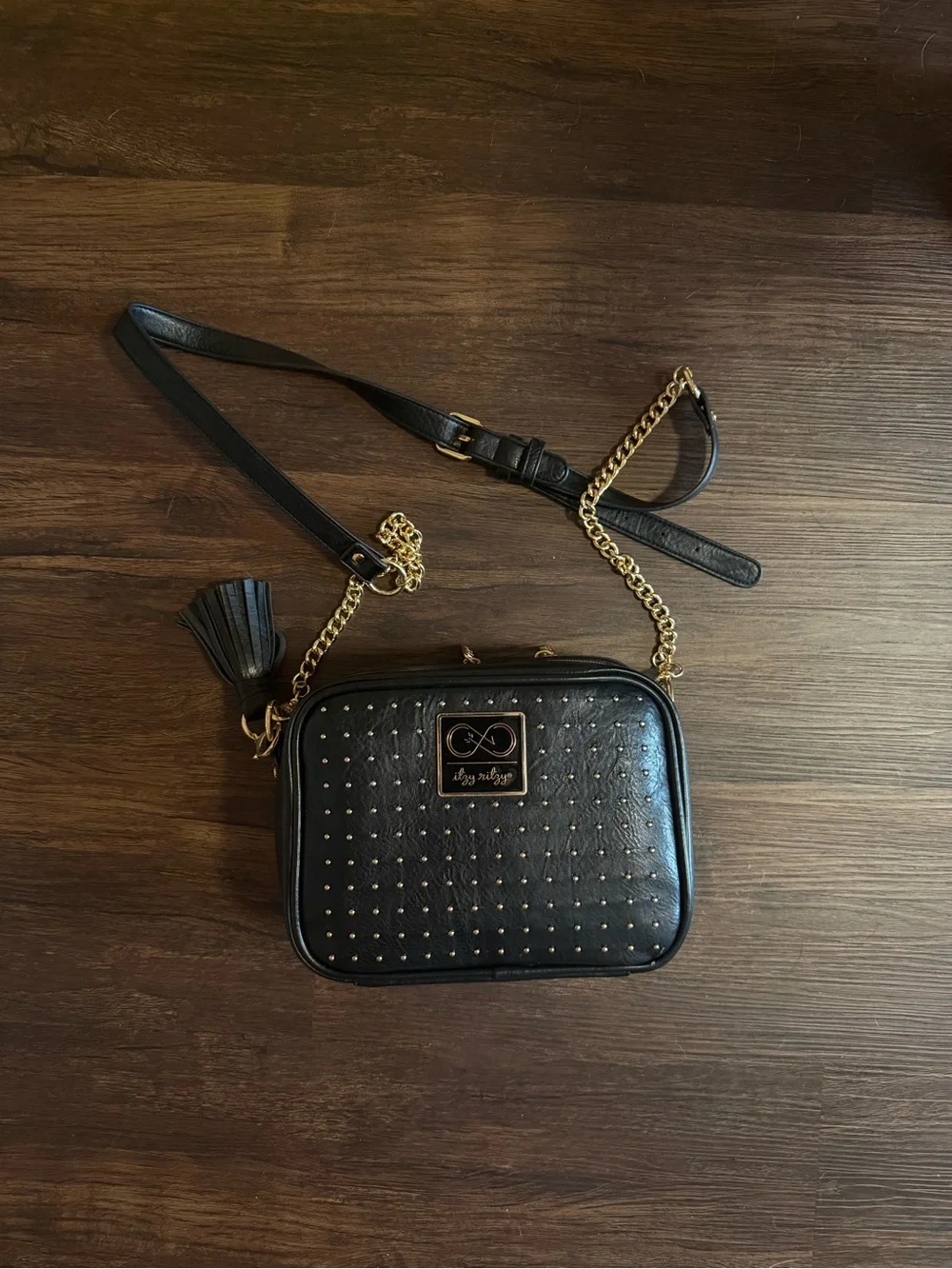 Itzy Ritzy Black Studded Crossbody with Gold Chain & Tassel
